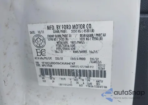 2012 Ford Escape Xlt from USA, damaged, VIN 1FMCU0DG9CKA94747